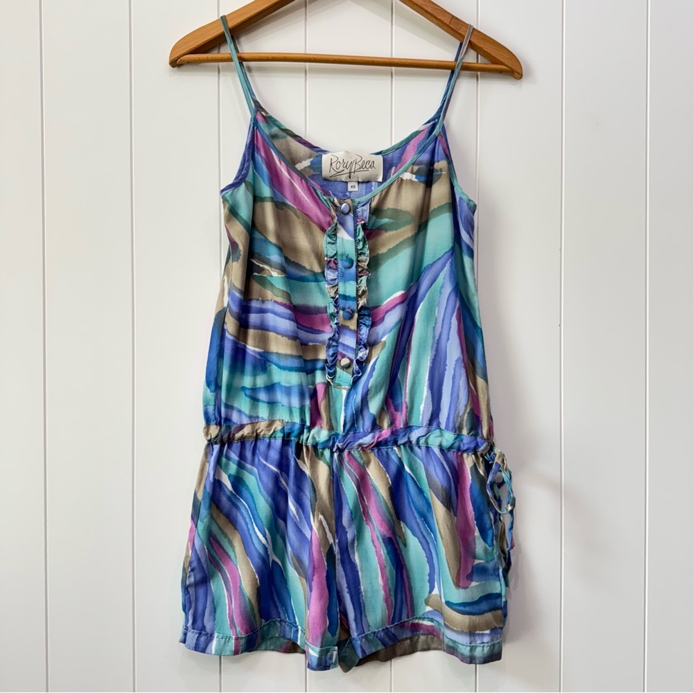 Rory Beca Multicolor Striped Romper Sz XS Silk Blend Sleeveless Ruffle Front